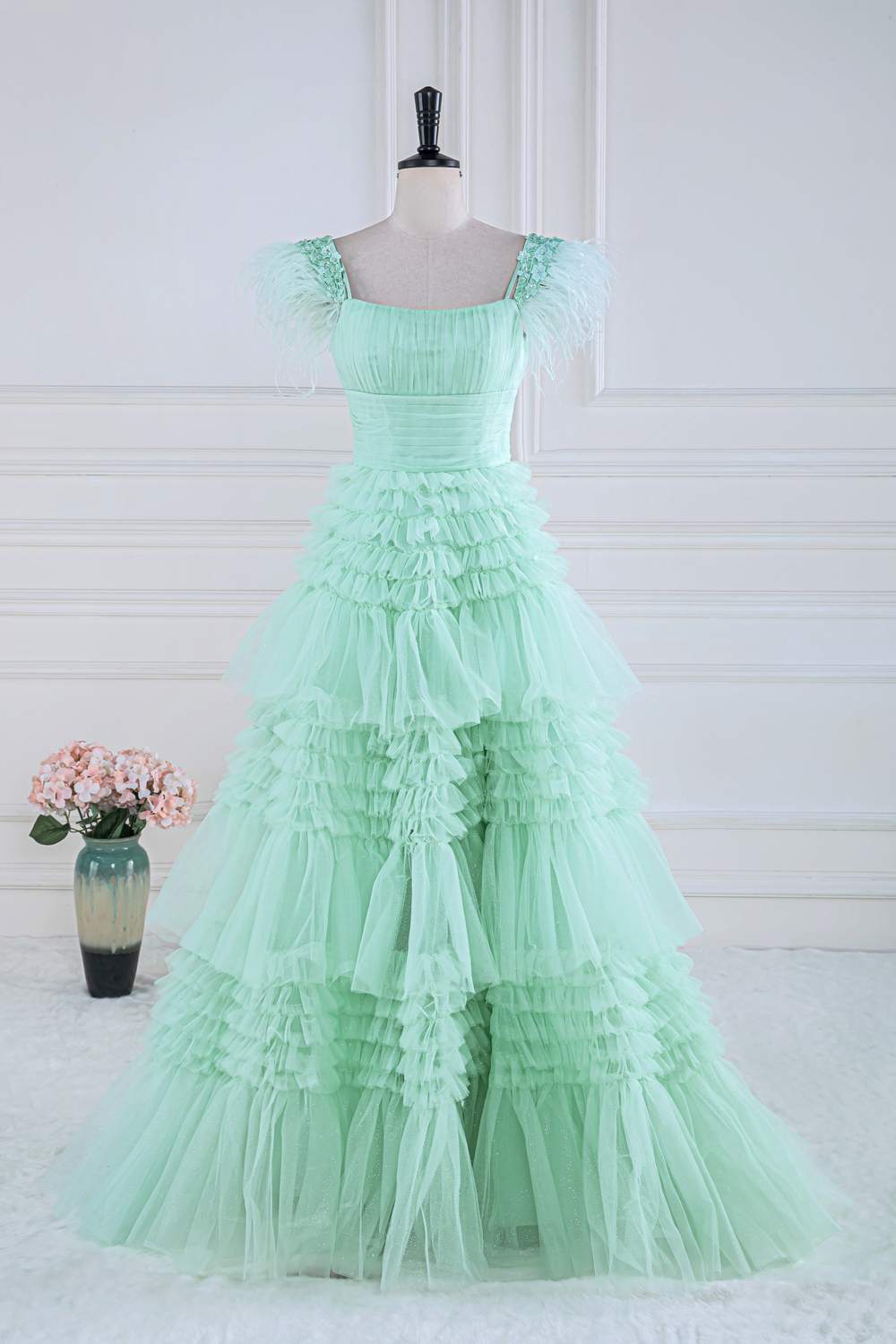 green emerald velvet dress Mint Green Tulle A Line V Neck Prom Dresses with Lace PL409 main image 0