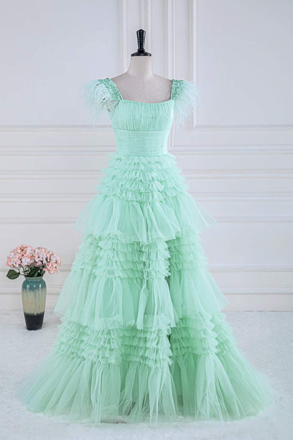 Cold Shoulder Feathers Mint Green Layered Tulle Prom Dress