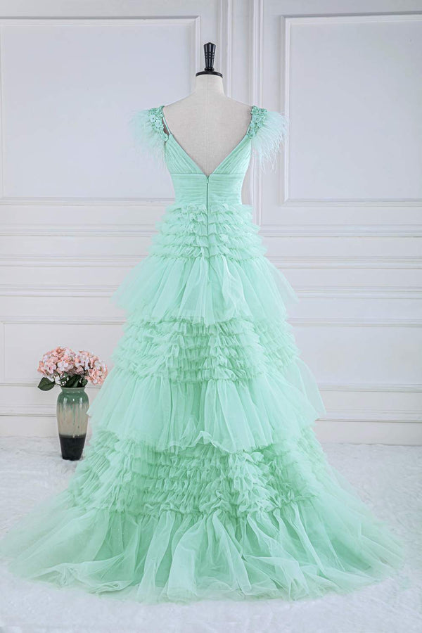 Cold Shoulder Feathers Mint Green Layered Tulle Prom Dress