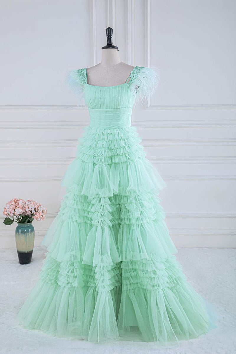 Cold Shoulder Feathers Mint Green Layered Tulle Prom Dress