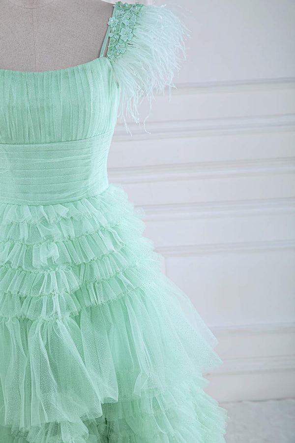 Cold Shoulder Feathers Mint Green Layered Tulle Prom Dress