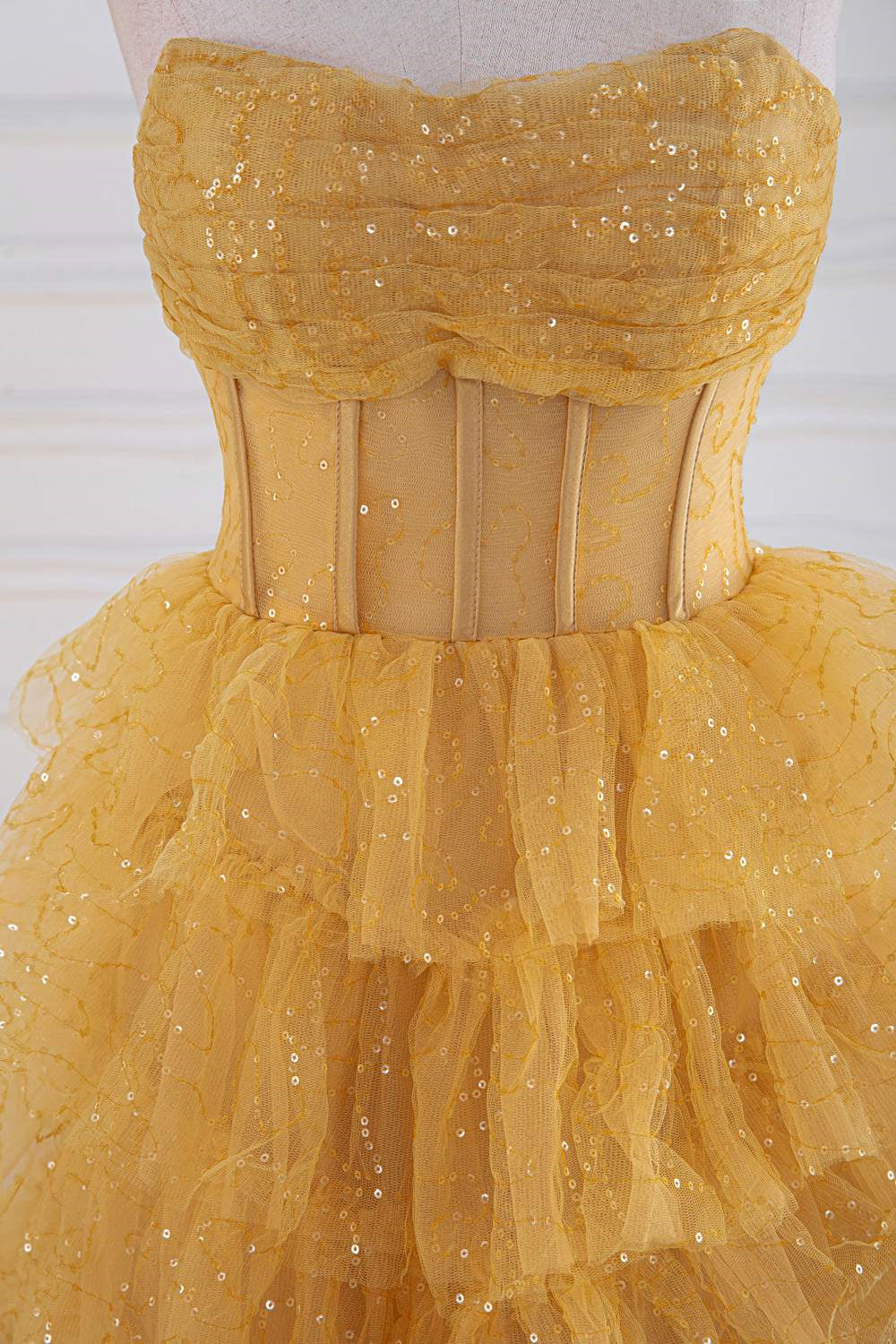 Metallic Gold Strapless Ruffle Tiered Prom Dress main image 1