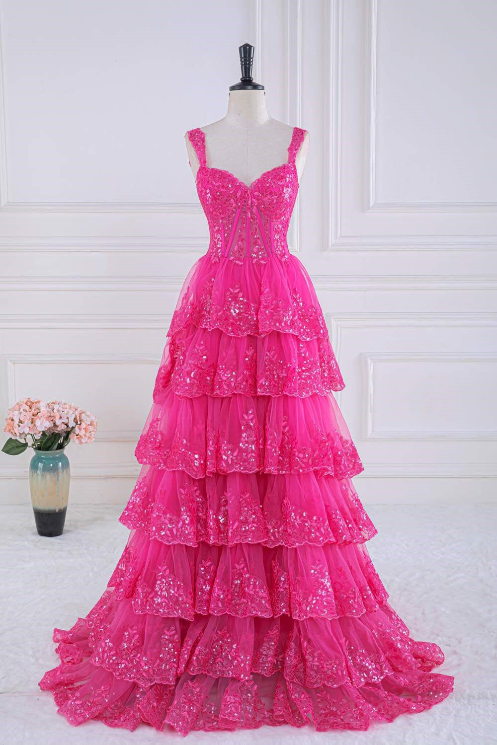 Fuchsia Sweetheart Corset Sequin Layered Ball Gown