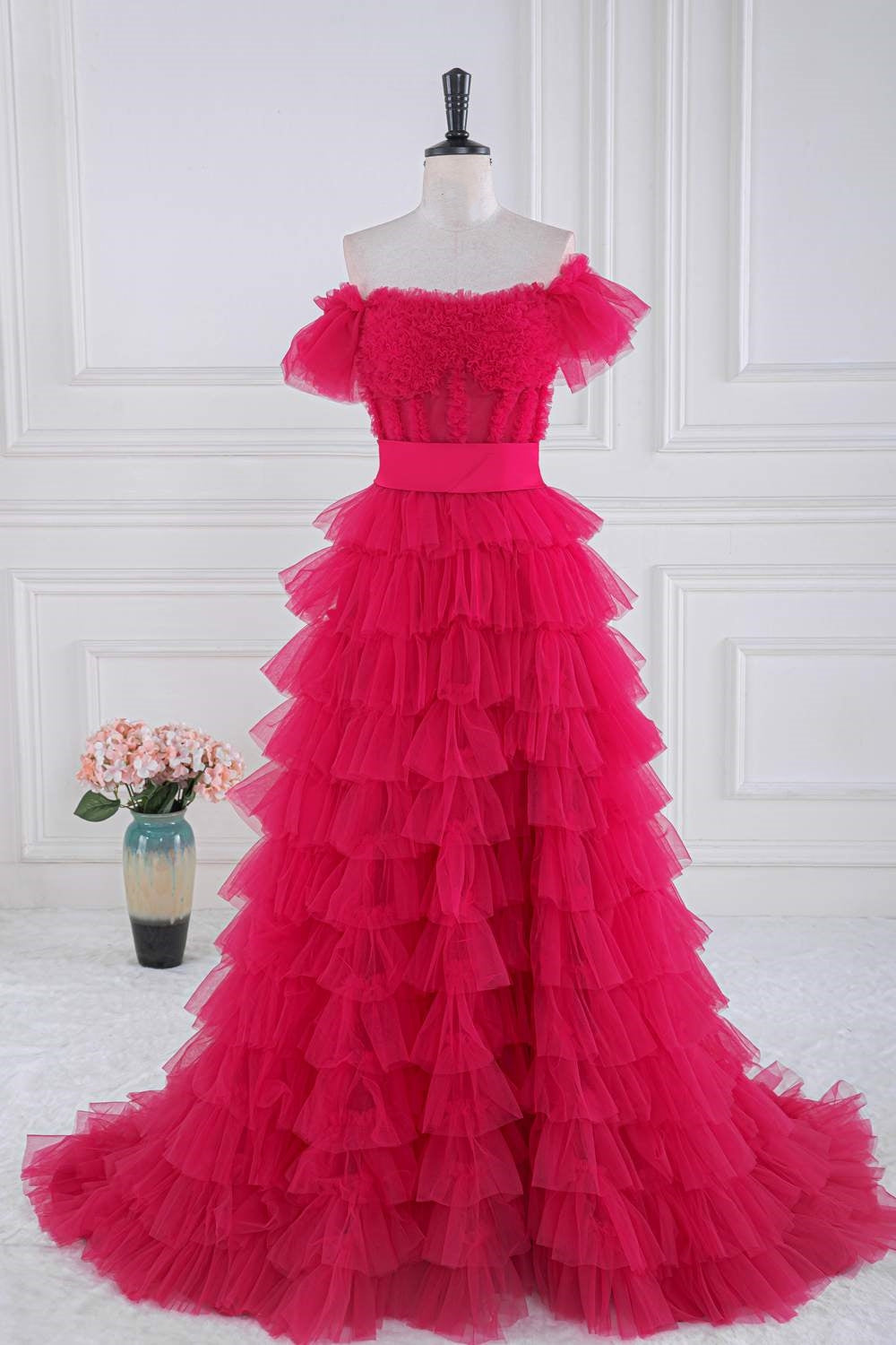 Off the Shoulder Fuchsia Ruffle Tiered Prom Dress with Sash