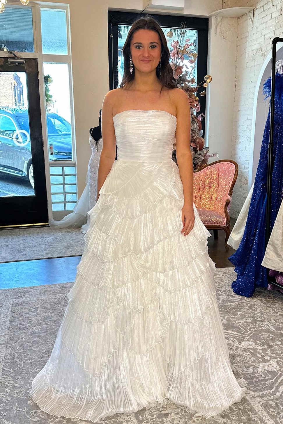 Strapless White Pleated Ruffle Layered Prom Dress – FancyVestido
