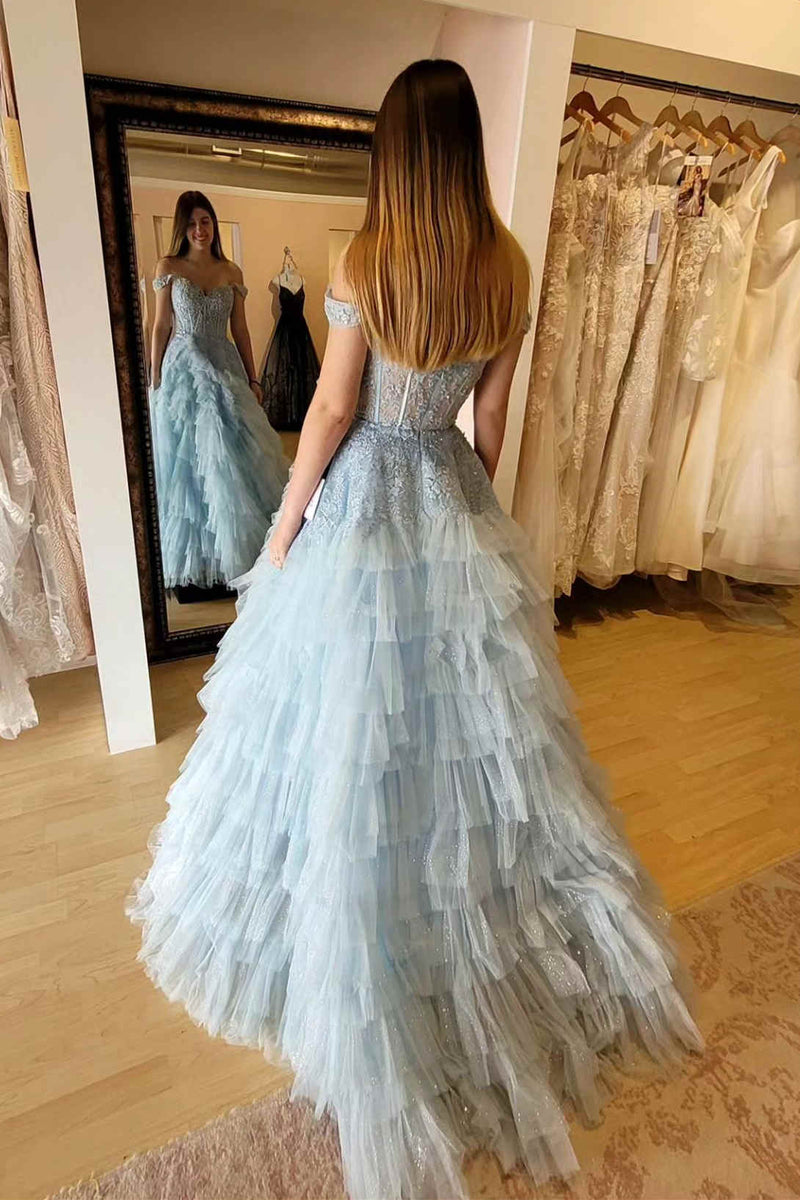 Fairy Off the Shoulder Light Blue Tiered Tulle Prom Dress