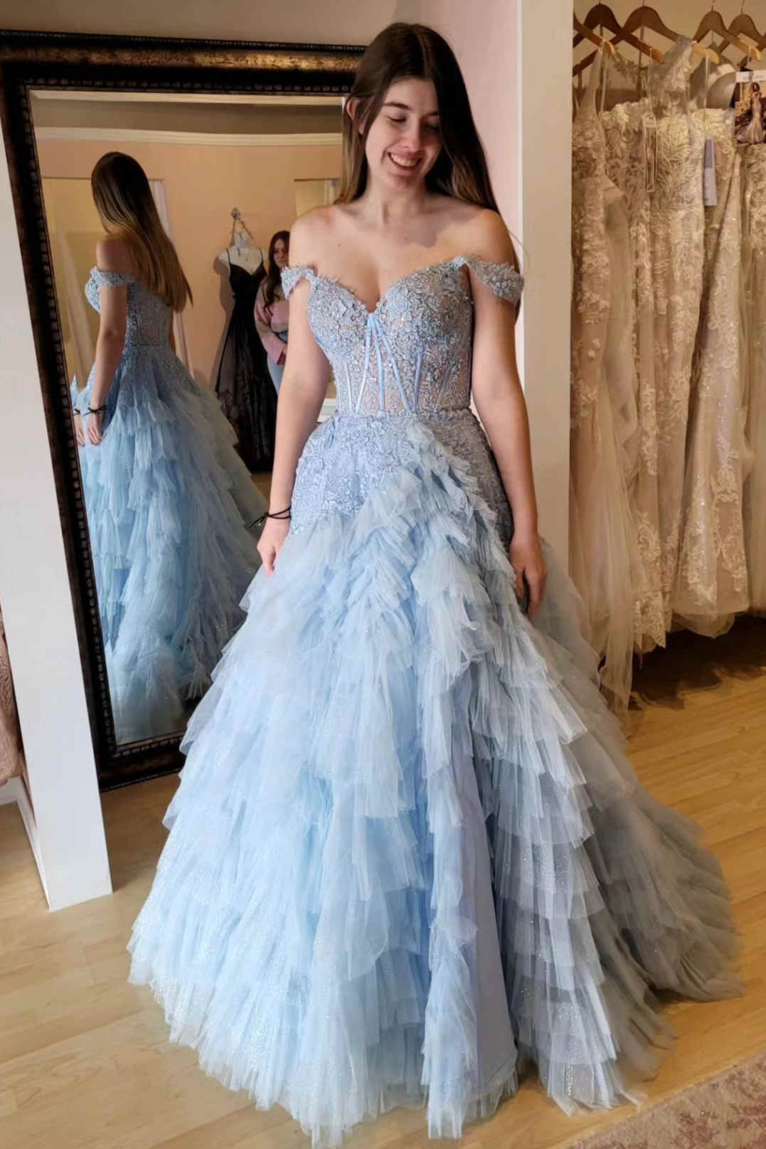 Off the Shoulder Light Blue Sheer Bodice Ruffle Tulle Prom Dress FancyVestido Off the Shoulder Light Blue Sheer Bodice Ruffle Tulle Prom Dress FancyVestido