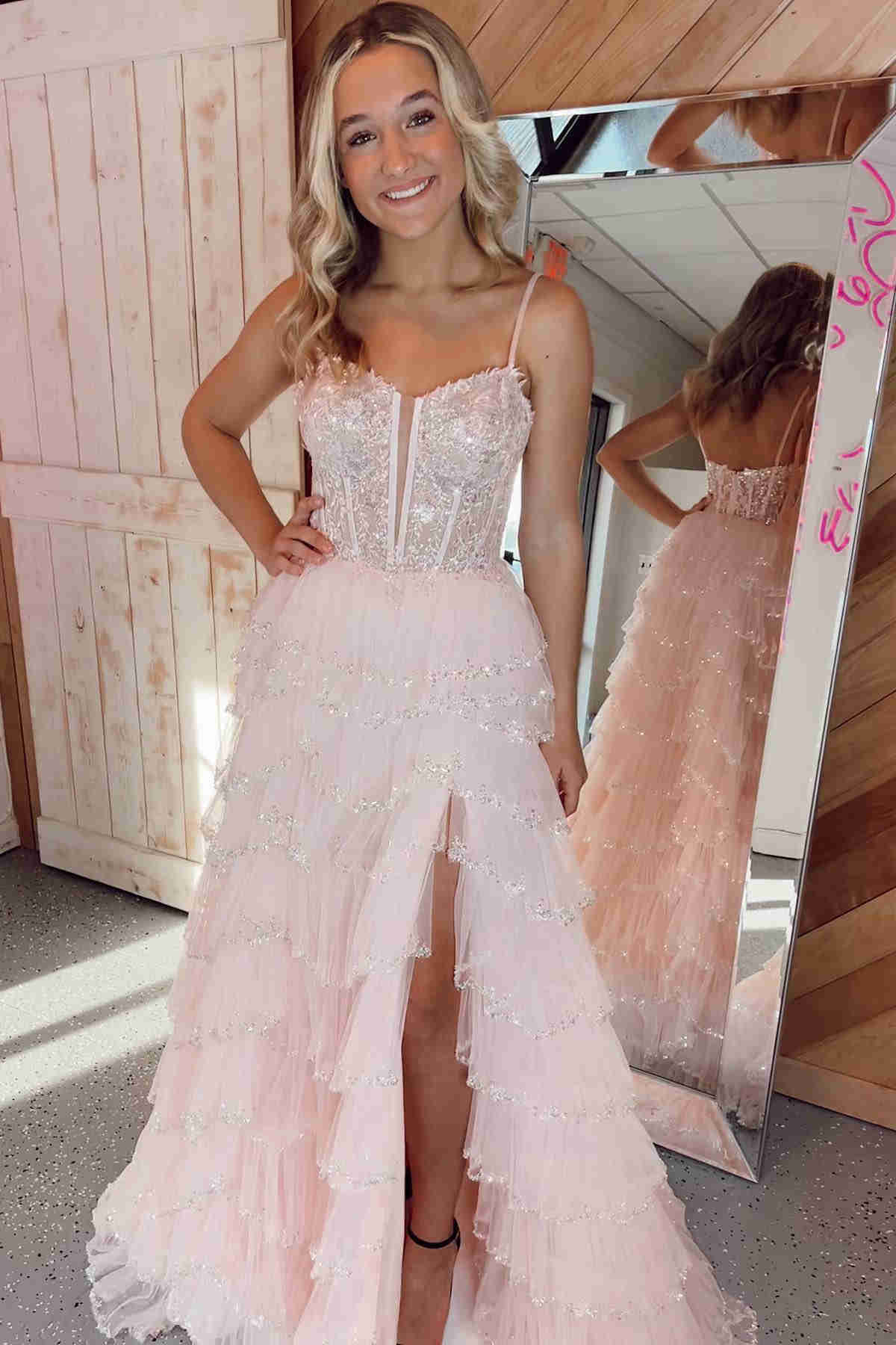 Straps Black Mesh Cutout Sequined Layered Long Prom Dress – FancyVestido