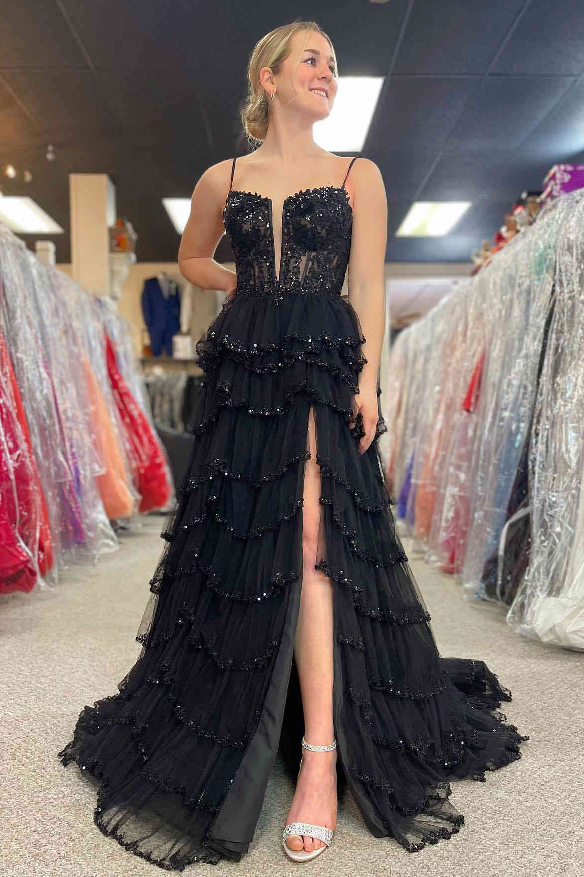 knee length dresses for ladies Straps Black Mesh Cutout Sequined Layered Long Prom Dress – FancyVestido