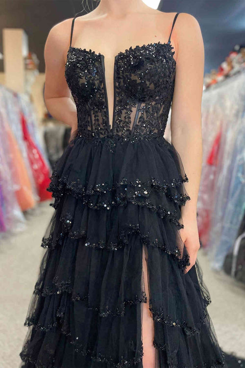 Straps Black Mesh Cutout Sequined Layered Long Prom Dress