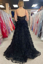 Straps Black Mesh Cutout Sequined Layered Long Prom Dress