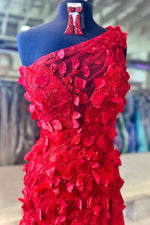 Red One Shoulder Leaf Appliques Mermaid Prom Dress
