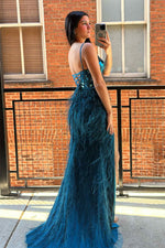 Straps Black Cut Mirror Sequin Prom Dress with Feathers