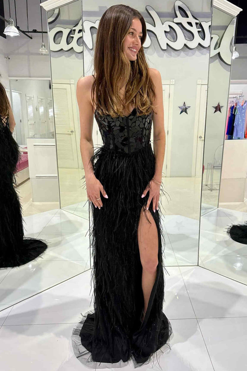 Straps Black Cut Mirror Sequin Prom Dress with Feathers