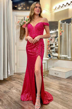 Mermaid Off the Shoulder Magenta Sequin Prom Dress with Appliques