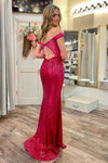 Mermaid Off the Shoulder Magenta Sequin Prom Dress with Appliques