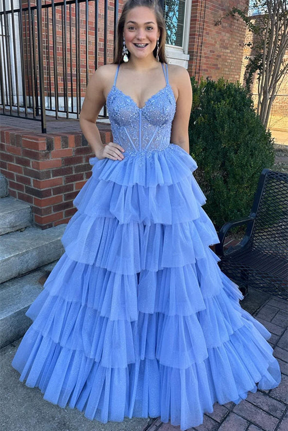 Periwinkle Double Straps Lace Corset Layered Prom Dress FancyVestido Periwinkle Double Straps Lace Corset Layered Prom Dress FancyVestido