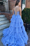 Periwinkle Double Straps Lace Corset Layered Prom Dress