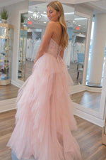 Strapless Light Pink Sequin Beaded Ruffle Tulle Prom Dress