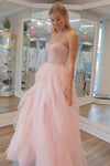 Strapless Light Pink Sequin Beaded Ruffle Tulle Prom Dress
