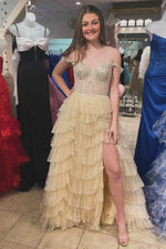Off the Shoulder Champagne Sequin Ruffle Prom Dress with Slit