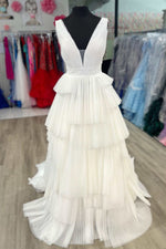 White V-Neck Pleated Layered Long Formal Dress
