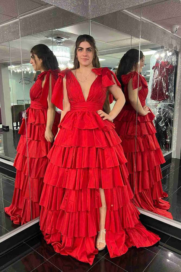 Plunging V-Neck Fuchsia Bow Straps Ruffle Ball Gown