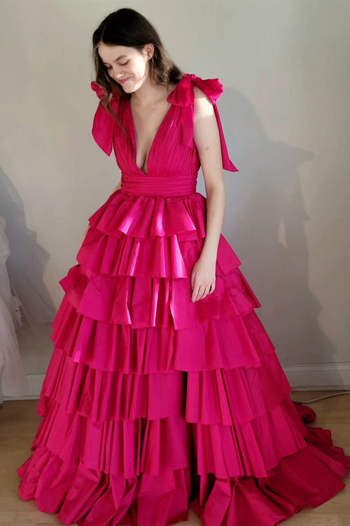 Plunging V-Neck Fuchsia Bow Straps Ruffle Ball Gown