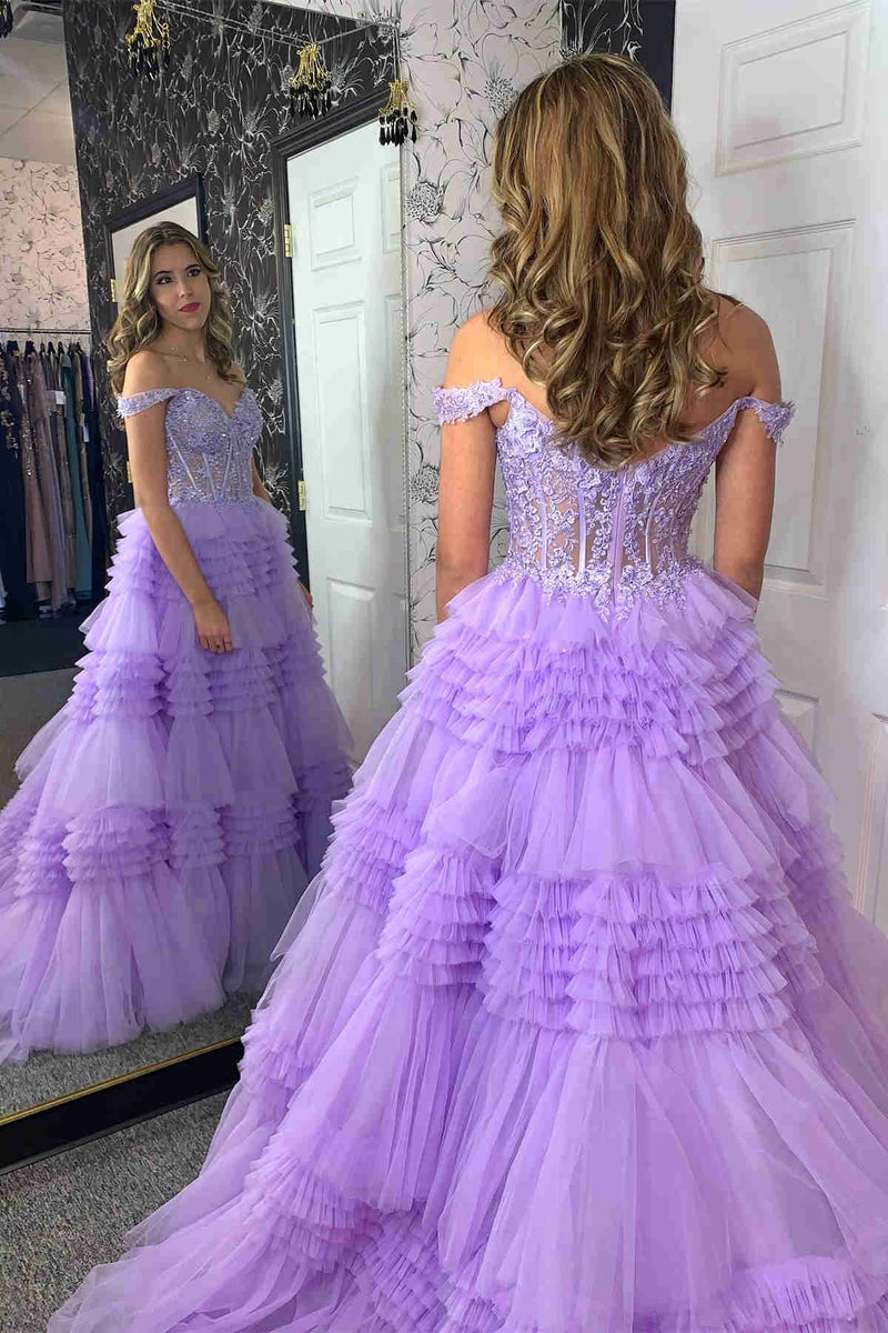 Lavender Off the Shoulder Lace Corset Ruffle Prom Dress