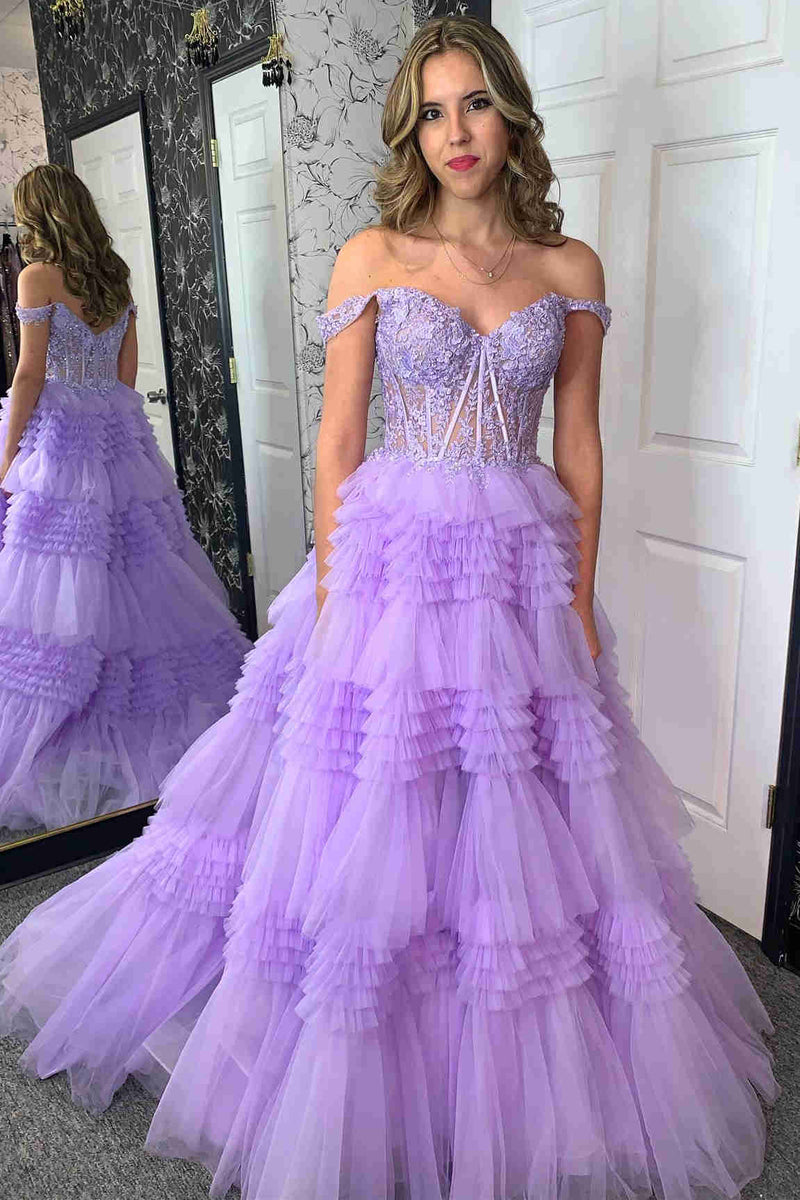 Lavender Off the Shoulder Lace Corset Ruffle Prom Dress