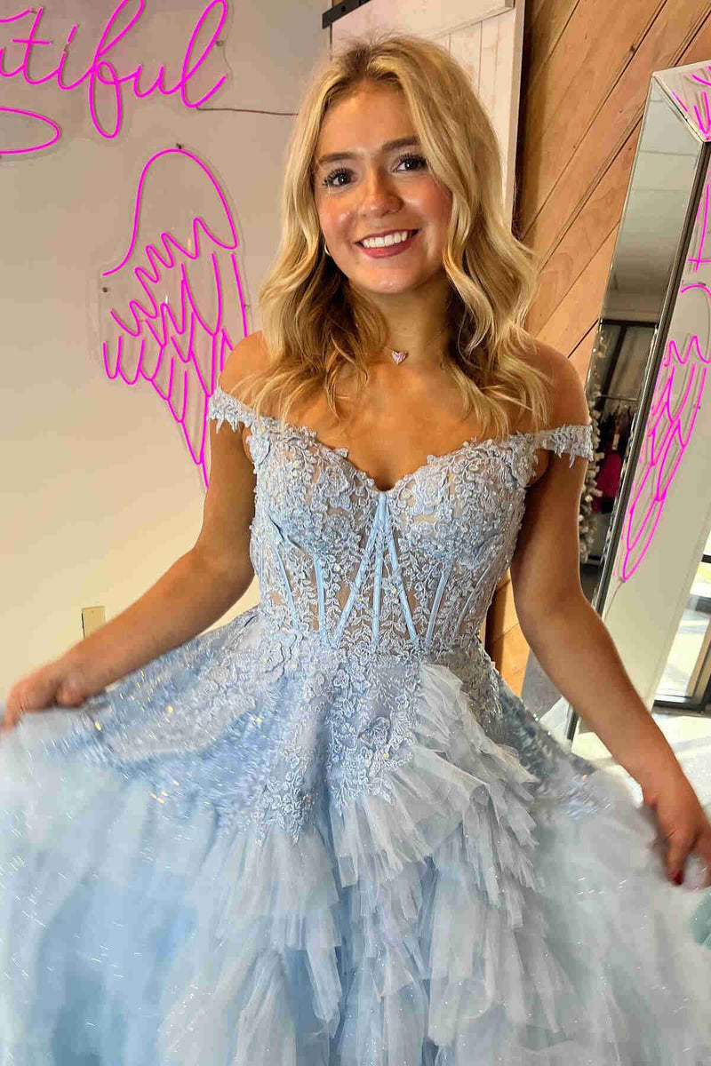 Off the Shoulder Light Blue Sheer Bodice Ruffle Tulle Prom Dress