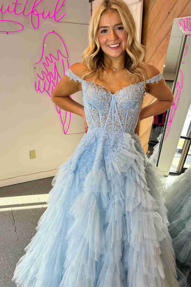 Off the Shoulder Light Blue Sheer Bodice Ruffle Tulle Prom Dress