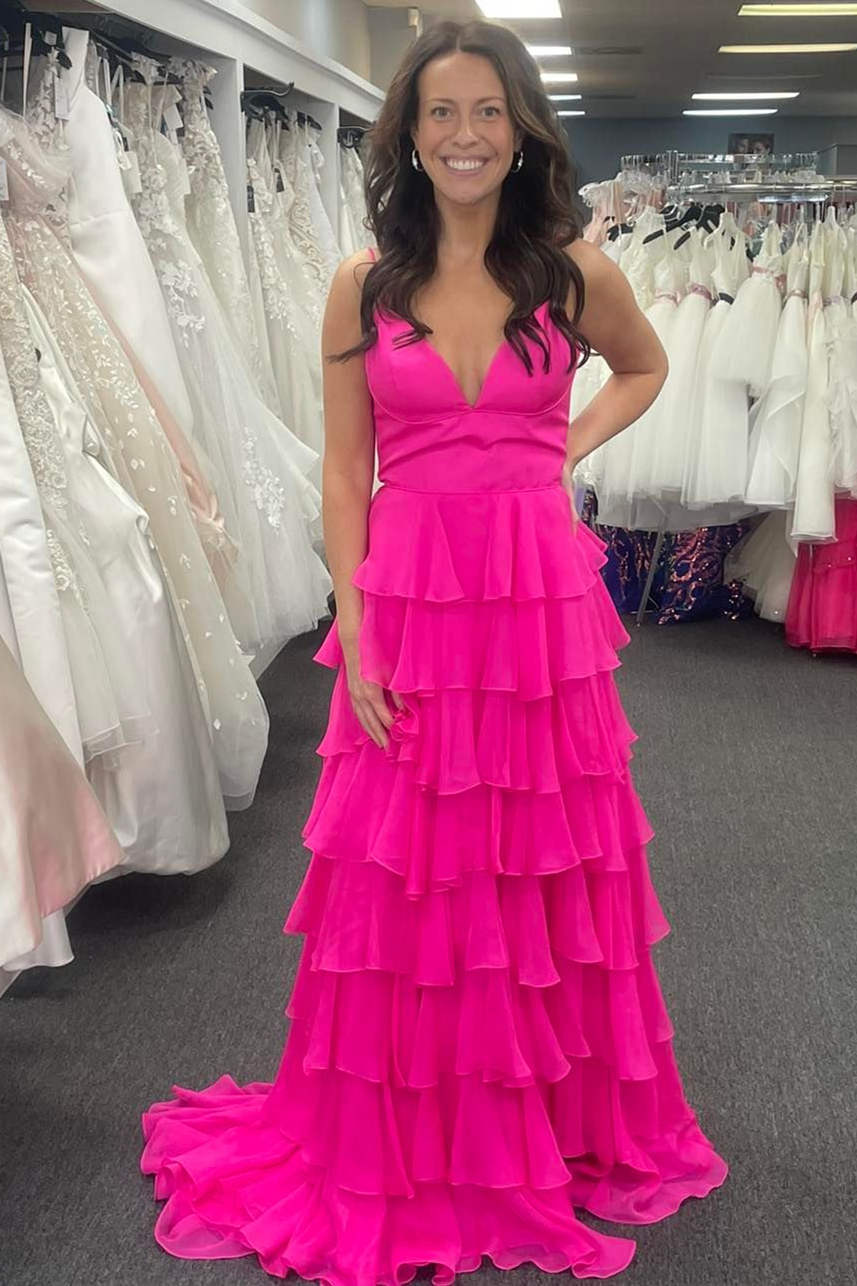 Fuchsia V Neck Straps A-line Satin Long Prom Dress cc1093 main image 1