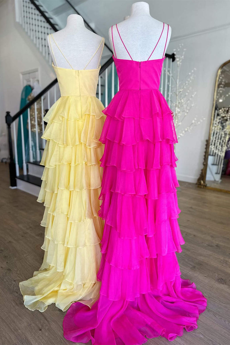 V-Neck Straps Fuchsia Ruffle Chiffon Prom Dress with Slit