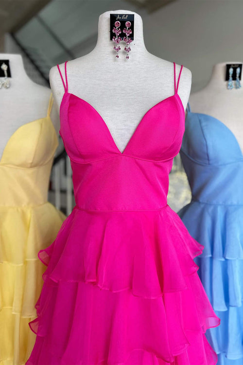 V-Neck Straps Fuchsia Ruffle Chiffon Prom Dress with Slit
