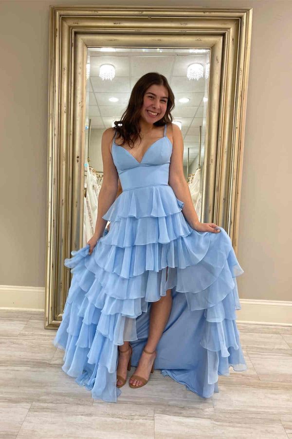 V-Neck Straps Fuchsia Ruffle Chiffon Prom Dress with Slit