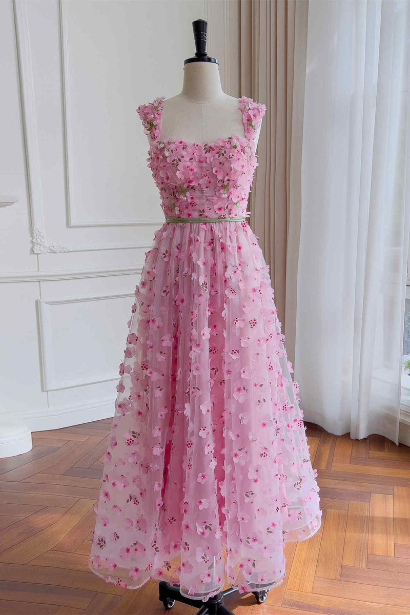 Princess Pink Straps Flowers Long Party Dress with Sash