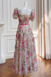 Square Neck Hot Pink Floral Embroidery Tulle Prom Dress