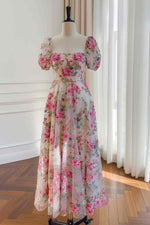 Square Neck Hot Pink Floral Embroidery Tulle Prom Dress