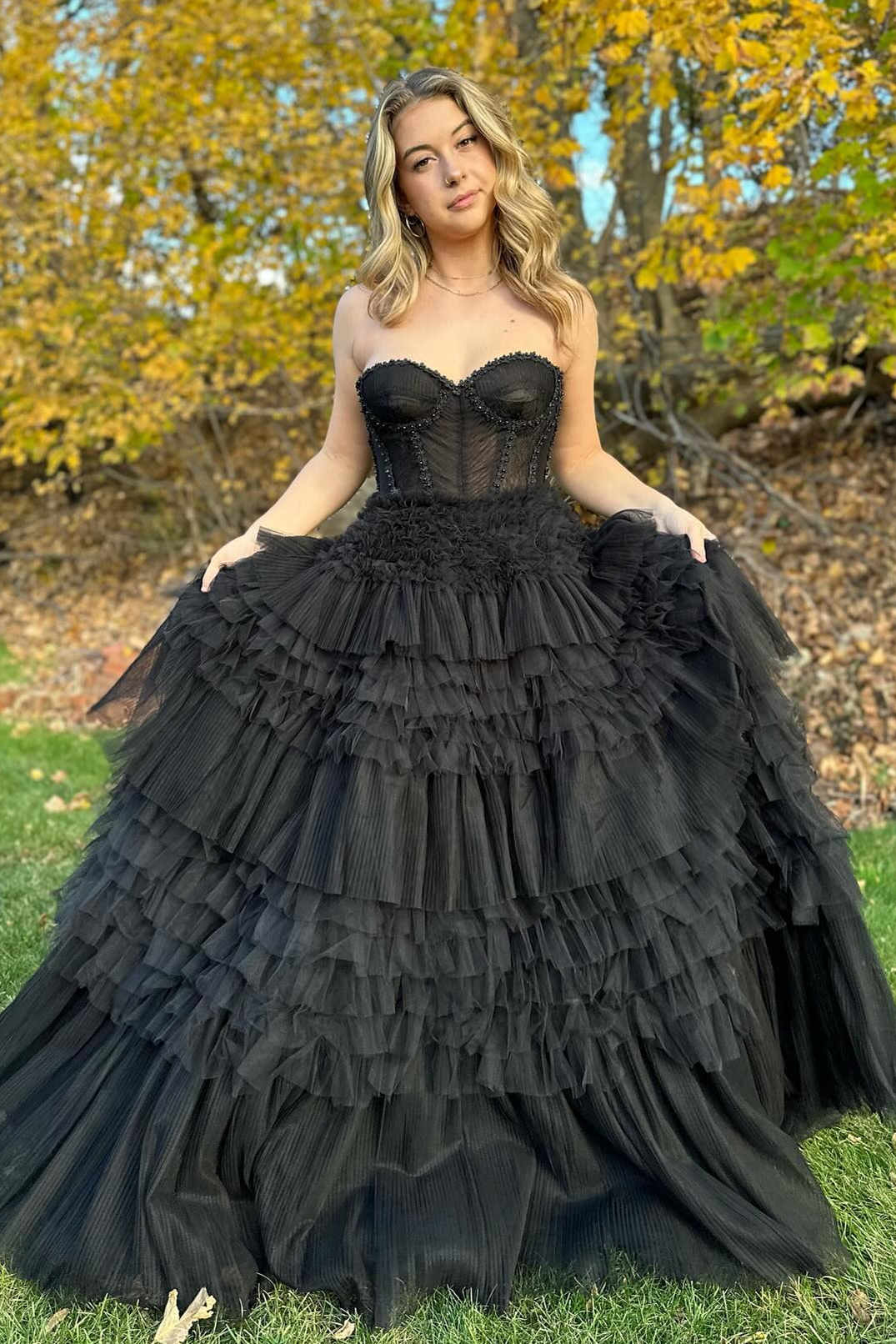 Black Sweetheart Beaded Tiered A-Line Formal Dress FancyVestido Black Sweetheart Beaded Tiered A-Line Formal Dress FancyVestido