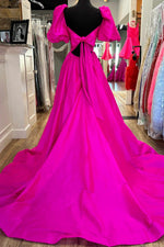 Square Neck Fuchsia Puff Sleeves A-Line Prom Dress