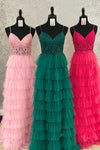 Straps Pink Lace Corset Layered Tulle Formal Dress