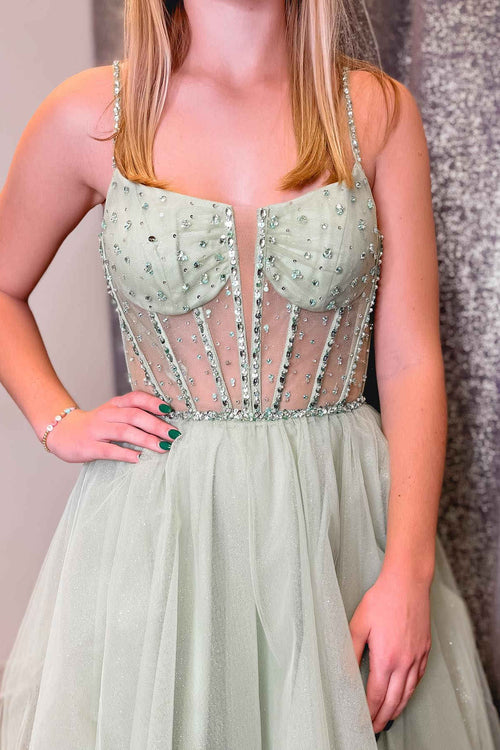 Sage Green Straps Sequin Beaded A-Line Tulle Prom Dress