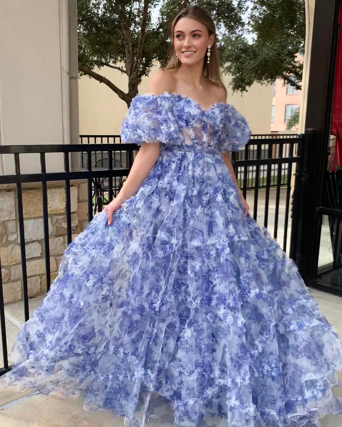 Off the Shoulder Blue Floral Print Ruffled Tulle Prom Dress