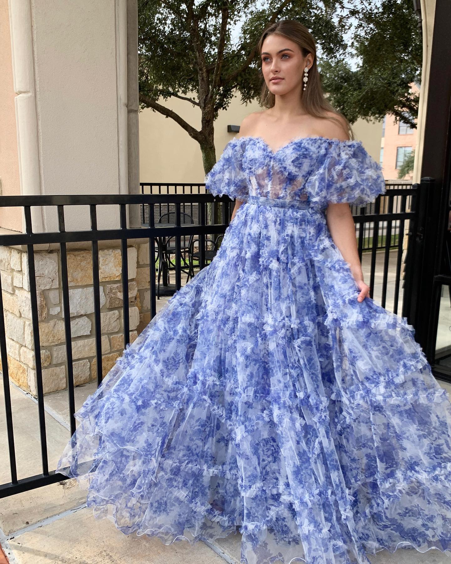 Off the Shoulder Blue Floral Print Ruffled Tulle Prom Dress – FancyVestido