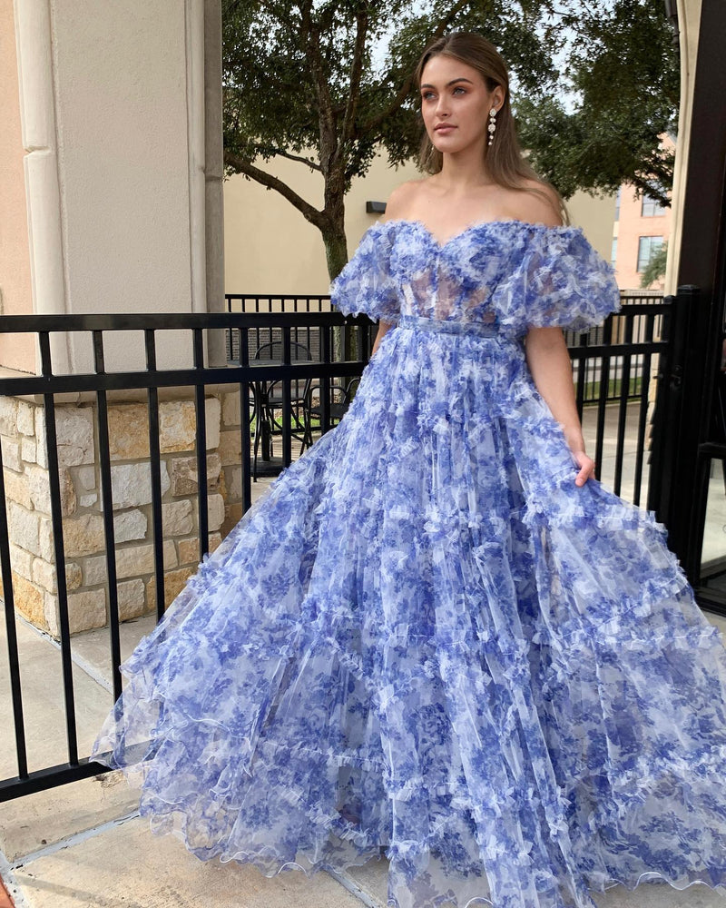 Off the Shoulder Blue Floral Print Ruffled Tulle Prom Dress