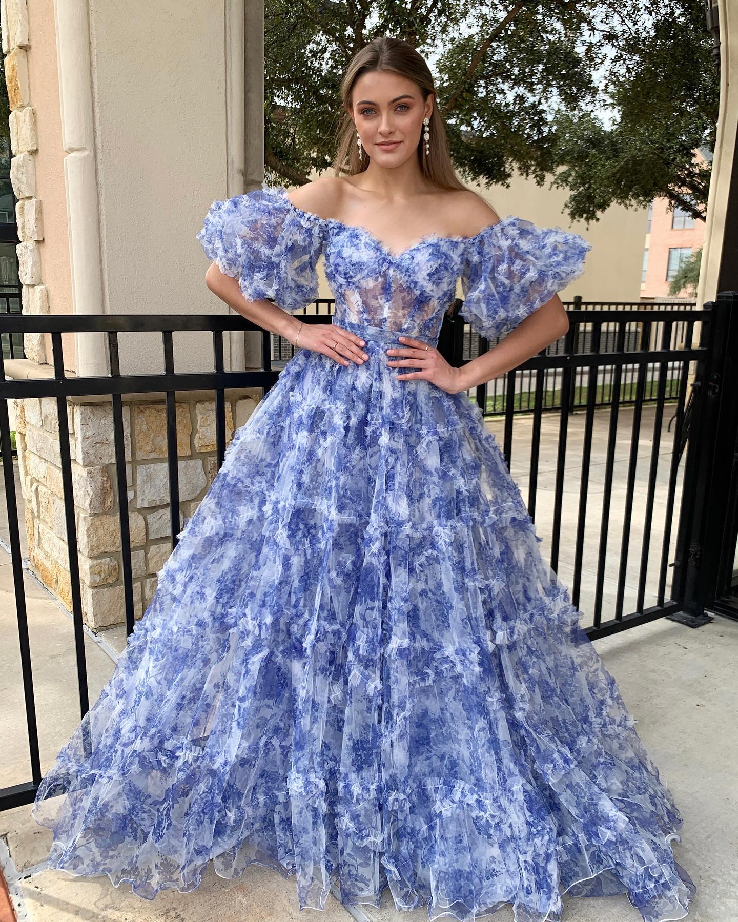 Off the Shoulder Blue Floral Print Ruffled Tulle Prom Dress – FancyVestido