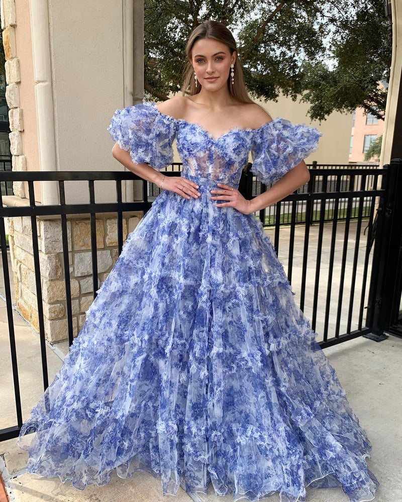 Off the Shoulder Blue Floral Print Ruffled Tulle Prom Dress – FancyVestido