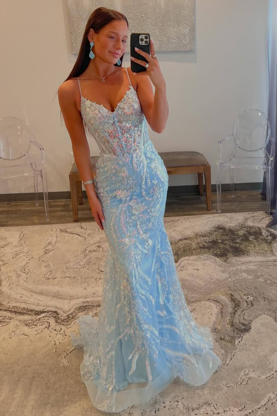 Straps Light Blue V-Neck Sequin Appliques Mermaid Prom Dress – FancyVestido Straps Light Blue V-Neck Sequin Appliques Mermaid Prom Dress – FancyVestido