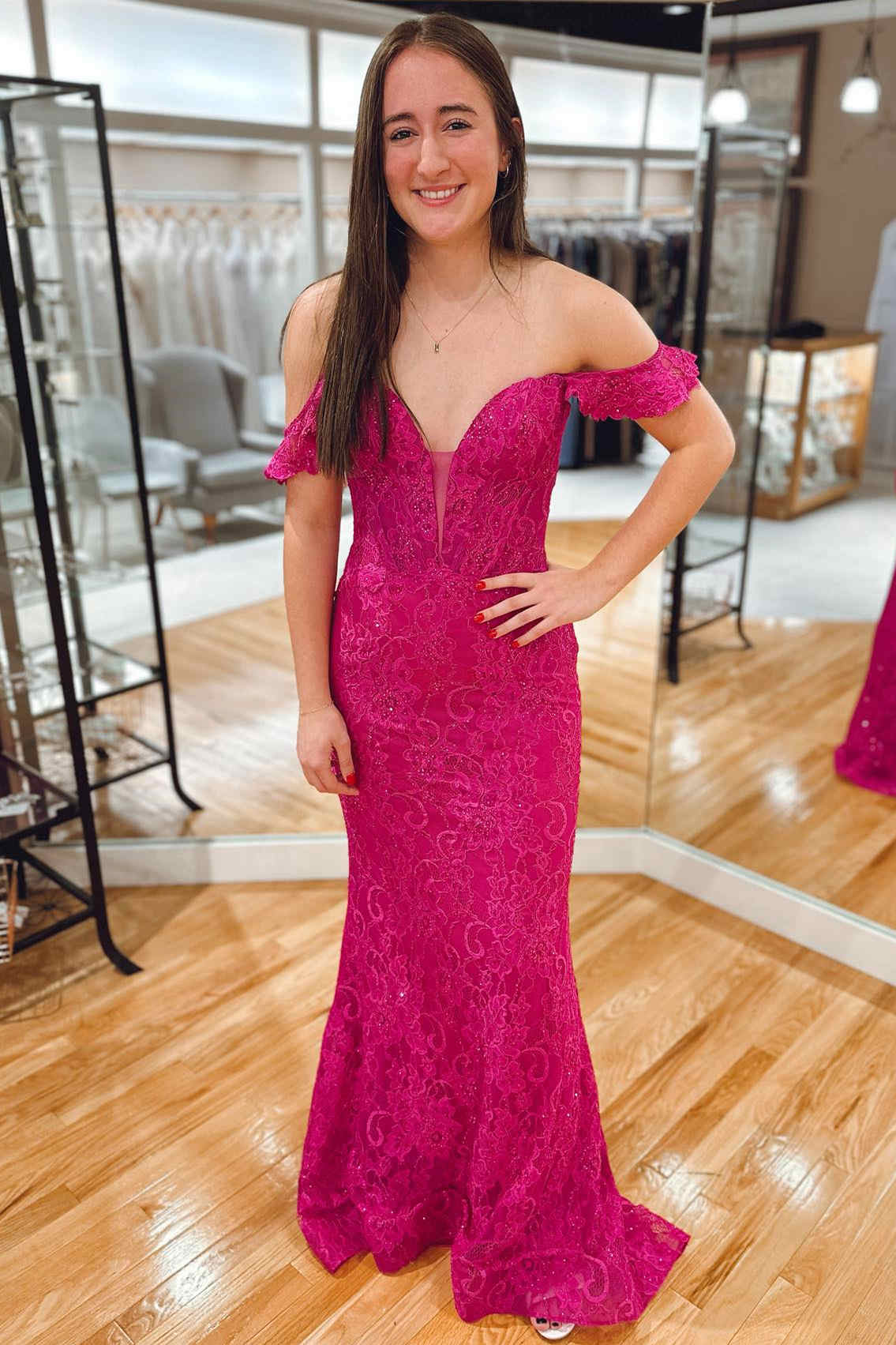 Magenta Off the Shoulder Mermaid Lace Prom Dress